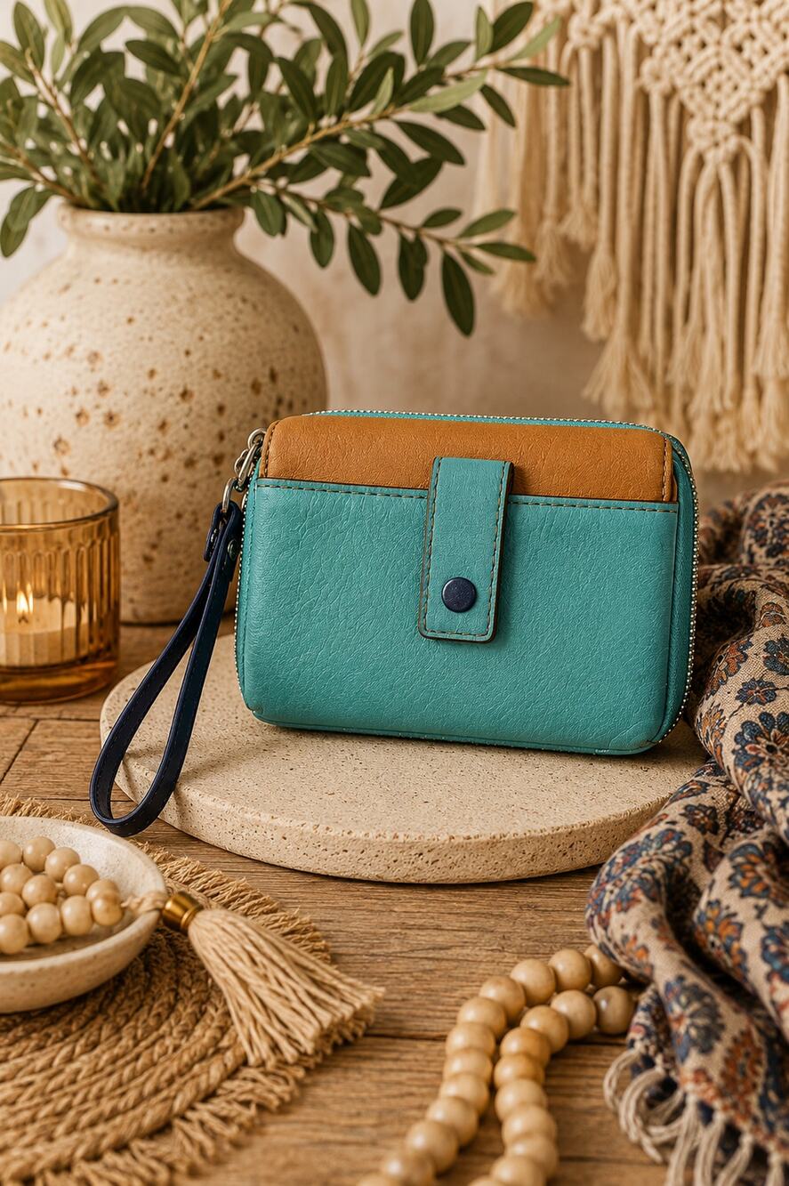 Fossil Leather Colorblock Zip Around Wristlet Wallet Teal Camel Navy